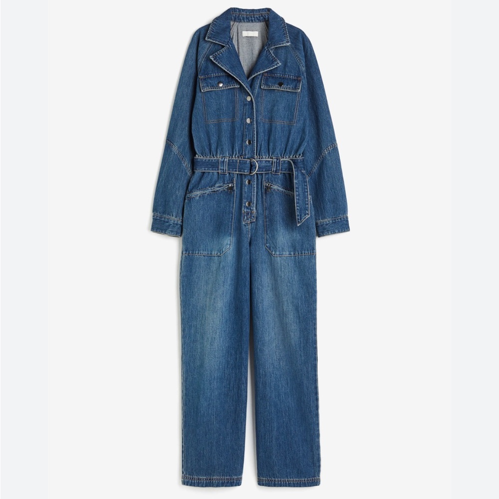H&M Loose Fit Denim Jumpsuit with Belt